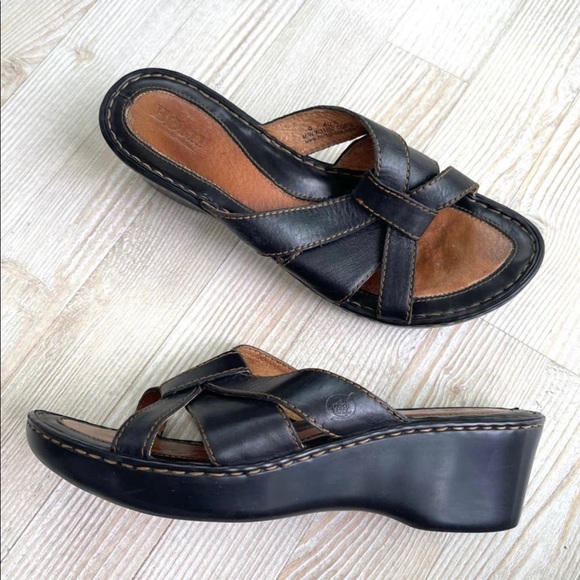 Born Leather Slide Wedge Sandals, Black. - Picture 1 of 8